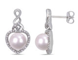 White Freshwater Cultured Pearl Heart Drop Earrings with Diamonds in Sterling Silver